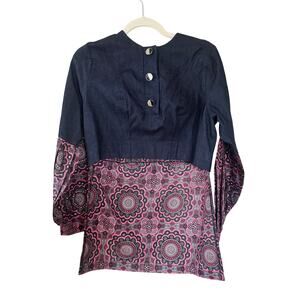 House Of Sota Hi Low Top Dark Wash Denim Patterned Jeweled Sleeves &Hem Size S-L